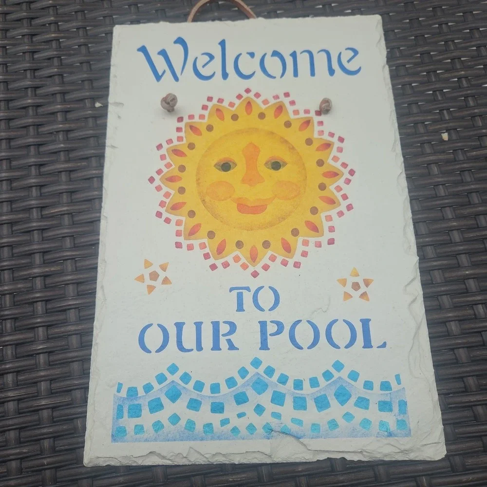 Slate Handpainted Welcome To Our Pool Celestial Sun Sign Beach Waves 12